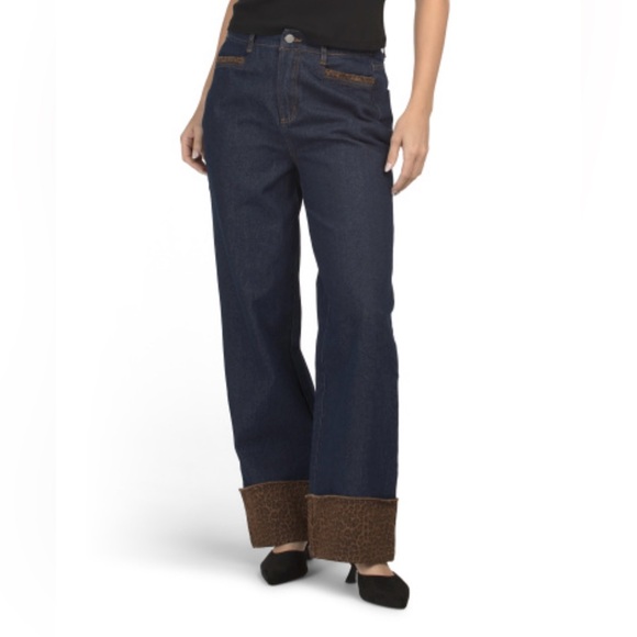 SUNDAY ADDITION Jeans with animal print cuff wide leg. SUPER CUTE!! 🥰 - Picture 1 of 4